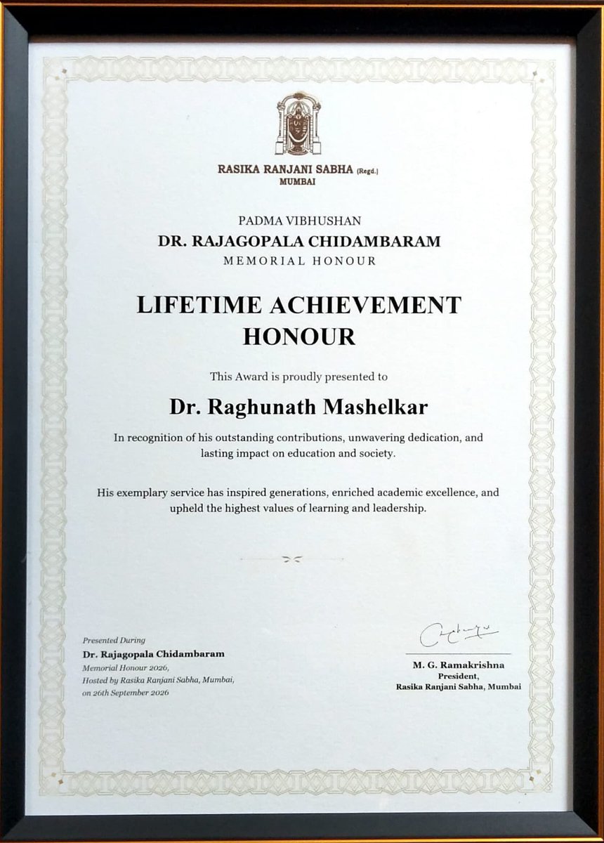 rameshmashelkar's tweet photo. Was privileged to receive the second Dr R Chidambaram Lifetime Achievement Honour.👇

It was so so special to receive the hands of my revered guru professor M M Sharma and Mrs Chidambaram herself.👇

Dr Chidambaram was at the heart of moments of powerful demonstration of strategic self reliance that changed India’s destiny- Pokhran I (1974) and Pokhran II (1998).

With all humility at my command, I accepted the honour in the name of a very dear & gracious friend, a formidable scientist, who could see the atom but never lost the sight of the individual.

Was reminded of the rare moment with him a quarter century ago, when, as President of Indian Science Congress (2000), I had invited him (Chairman @DAEIndia )Dr Kasturirangan ( Chairman,  @isro ) and Dr A P J Abdul Kalam ( Chief, @DRDO_India ) to hold a panel discussion on the role of technological self reliance in building  Secure India👇

The energy that the great trio generated is still felt…

@PMOIndia @DrJitendraSingh @PrinSciAdvOff @NITIAayog @CSIR_IND @IndiaDST @amitabhk87 @PuneIntCentre @dinakholkar @aparanjape @TVMohandasPai @kiranshaw