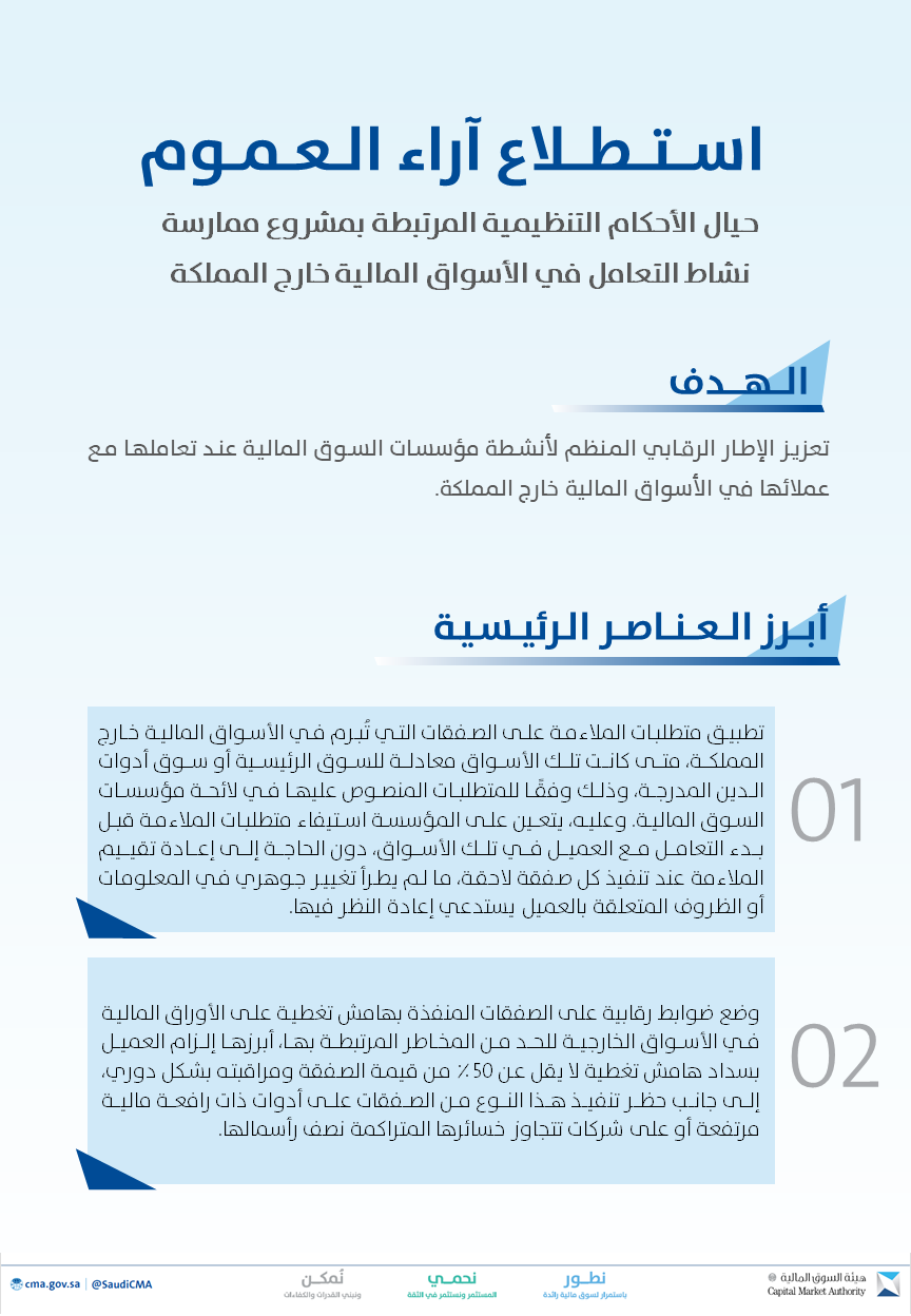 هيئة السوق تطلب الآراء لمشروع ممارسة نشاط التعامل بالأسواق المالية خارج المملكة