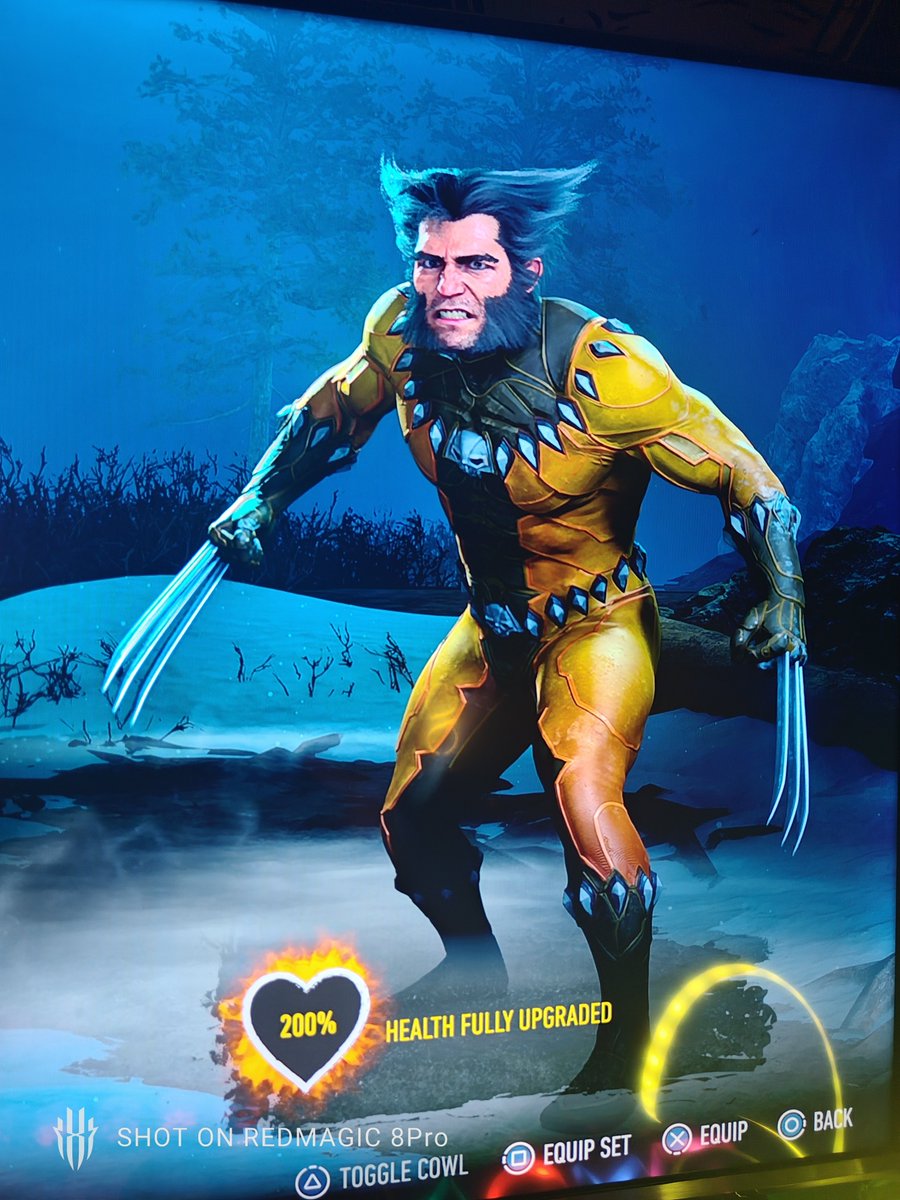 FriedSoySpam's tweet photo. @TheAgentOfDoom Don't mean to bother U n be off topic but can U tell Insomniac to add an toggle option for Wolverine's funky hair,I wanna wear these suit but not a fan of the hair, prefer the brown short hair cuz he looks so good with it🙏🙏🙏 https://t.co/1FpmMNGxFk