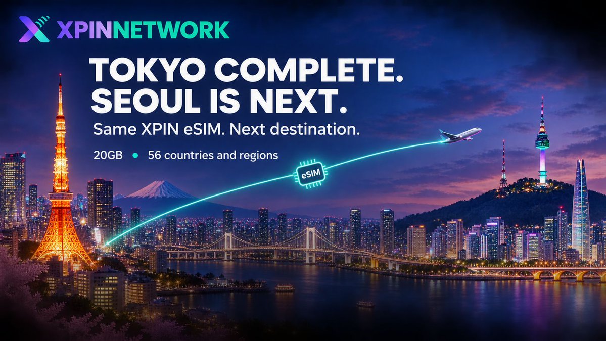 XPINNetwork's tweet photo. 🗼 Tokyo complete. Seoul is next. 🇰��

No new SIM card. No repeated installation.

Keep using the same XPIN eSIM as your Web3 journey moves across borders.

🌏 20GB. 56 countries and regions.
One seamless connection.

https://t.co/WOBBMLj4zA https://t.co/yDH1UsRsG7