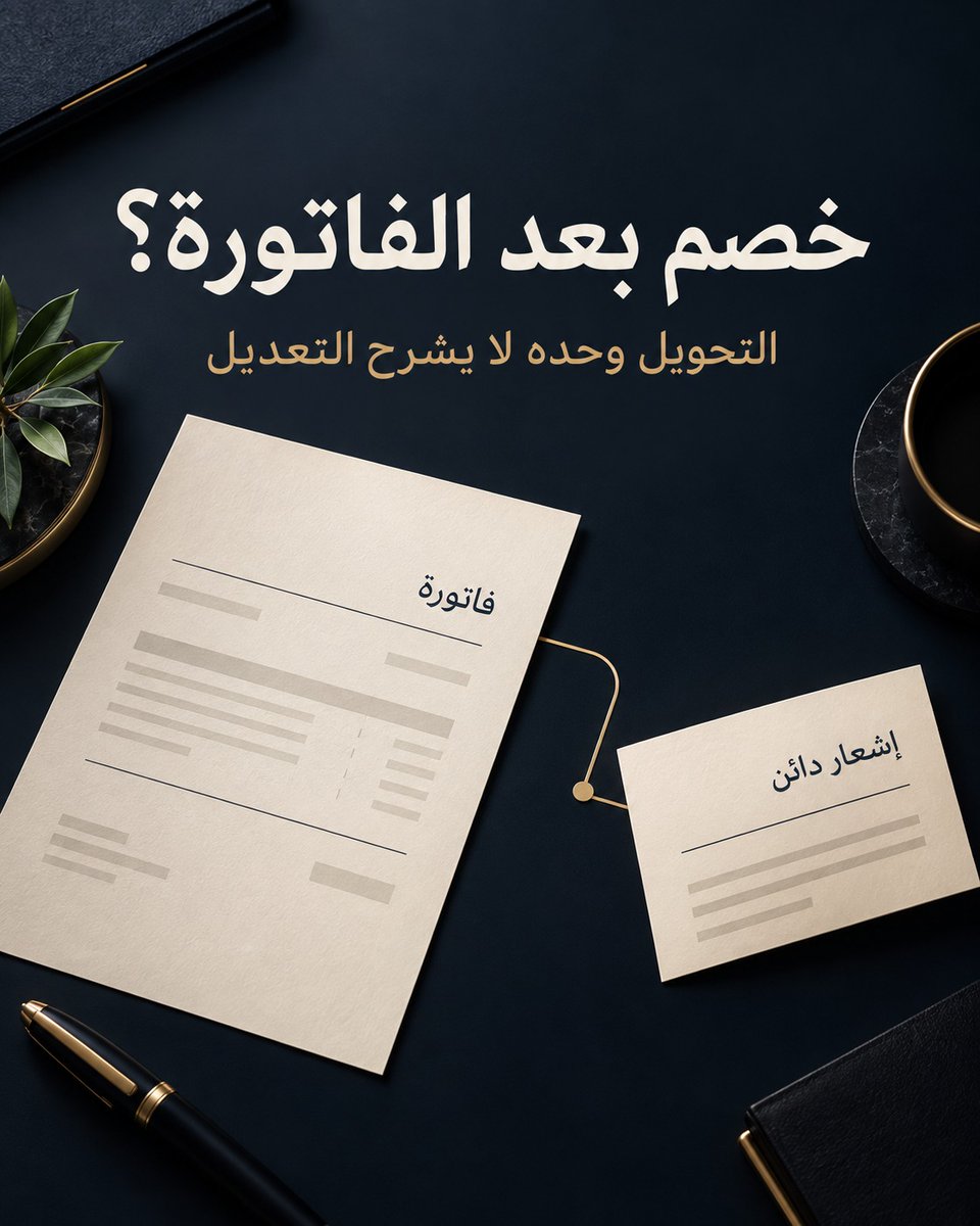 MadaTax's tweet photo. خصم بعد إصدار الفاتورة: هل شرحت المستندات ما تغيّر؟

أصدرت منشأتك فاتورة ضريبية بقيمة ١٬٠٠٠ ريال قبل الضريبة، ثم اتفقت مع العميل لاحقًا على خصم ١٠٠ ريال من القيمة قبل الضريبة. في هذا المثال التعليمي الخاضع لـ١٥٪، يكون أثر الخصم ١٥ ريال ضريبة؛ فتتغير القيمة إلى ٩٠٠ ريال وضريبتها إلى ١٣٥ ريال.

ليس السؤال فقط: هل أعدنا ١١٥ ريالًا؟ بل: أين المستند الذي يربط التخفيض بالفاتورة الأصلية؟ يشرح دليل الهيئة للفواتير (مايو ٢٠٢٦) الإشعار الدائن عند خفض قيمة توريد بعد إصدار فاتورته.

ثبّت سبب الخصم ورقم الفاتورة، ثم راجع الإشعار والسجلات وأثر الإقرار وفق وقائع الحالة. مثال مبسّط لتوريد واحد؛ لا ينطبق حسابه تلقائيًا على الخصم الشامل للضريبة أو التوريدات المختلطة. لا تشارك فاتورتك في التعليقات.

للمنشآت وفرق المالية: جهّز الفاتورة الأصلية، سبب الخصم، والمستند الذي يربط التعديل بها قبل اتخاذ قرار الإقرار.