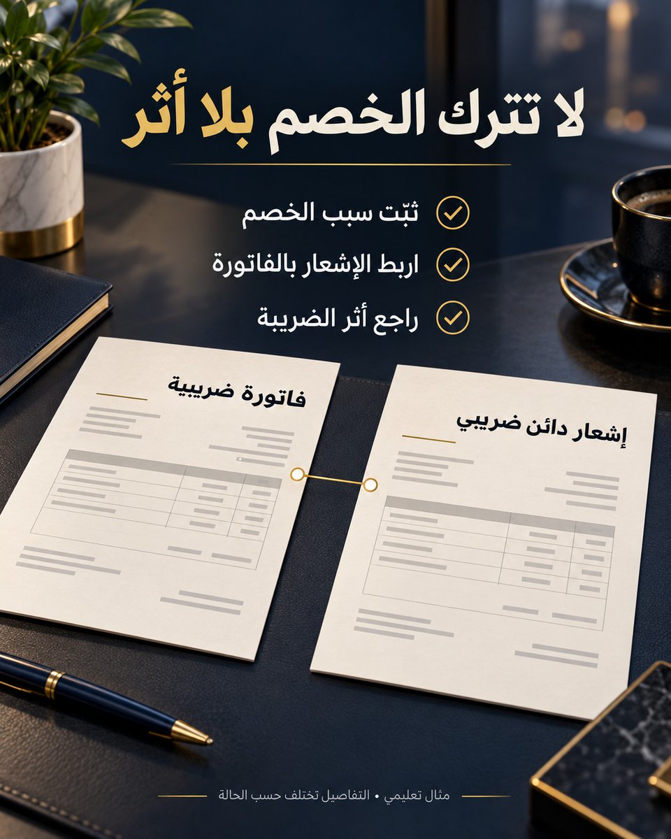 MadaTax's tweet photo. خصم بعد إصدار الفاتورة: هل شرحت المستندات ما تغيّر؟

أصدرت منشأتك فاتورة ضريبية بقيمة ١٬٠٠٠ ريال قبل الضريبة، ثم اتفقت مع العميل لاحقًا على خصم ١٠٠ ريال من القيمة قبل الضريبة. في هذا المثال التعليمي الخاضع لـ١٥٪، يكون أثر الخصم ١٥ ريال ضريبة؛ فتتغير القيمة إلى ٩٠٠ ريال وضريبتها إلى ١٣٥ ريال.

ليس السؤال فقط: هل أعدنا ١١٥ ريالًا؟ بل: أين المستند الذي يربط التخفيض بالفاتورة الأصلية؟ يشرح دليل الهيئة للفواتير (مايو ٢٠٢٦) الإشعار الدائن عند خفض قيمة توريد بعد إصدار فاتورته.

ثبّت سبب الخصم ورقم الفاتورة، ثم راجع الإشعار والسجلات وأثر الإقرار وفق وقائع الحالة. مثال مبسّط لتوريد واحد؛ لا ينطبق حسابه تلقائيًا على الخصم الشامل للضريبة أو التوريدات المختلطة. لا تشارك فاتورتك في التعليقات.

للمنشآت وفرق المالية: جهّز الفاتورة الأصلية، سبب الخصم، والمستند الذي يربط التعديل بها قبل اتخاذ قرار الإقرار.