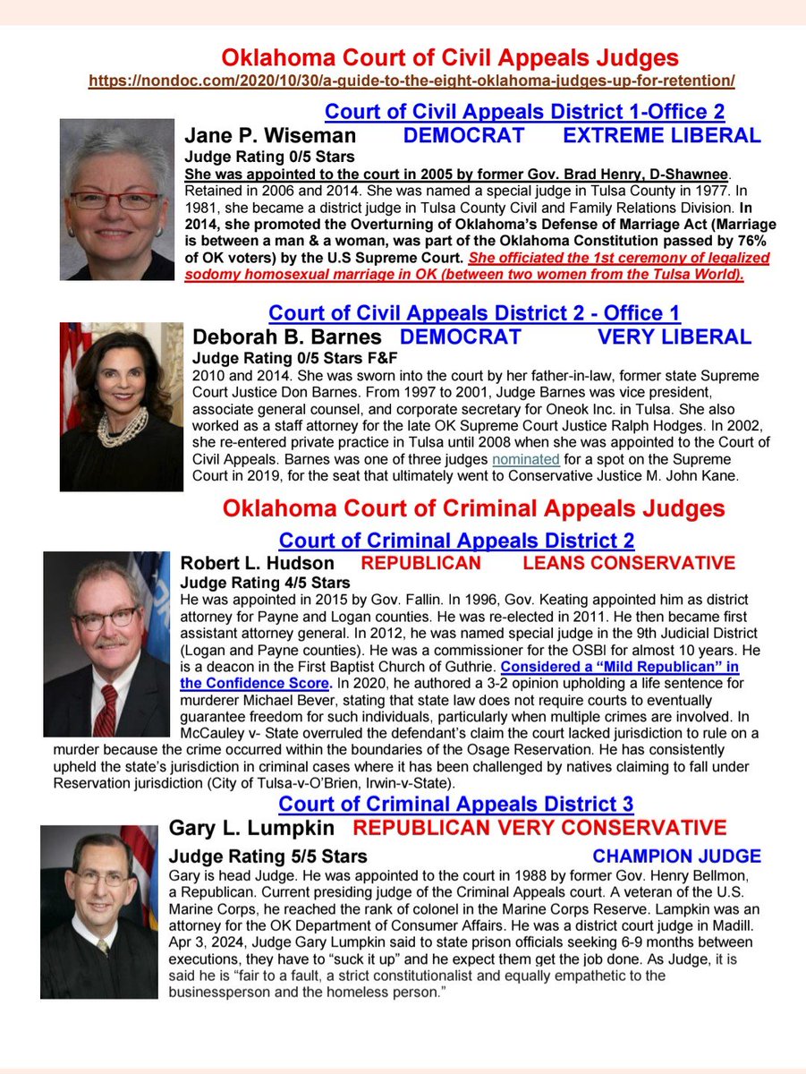 9b56a5b4dee744c's tweet photo. Oklahoma Voters!

Kudos to @okredprecincts for sharing this information on judges in Oklahoma up for retention. This is just a portion of the information she has. https://t.co/EskJJk7C6d