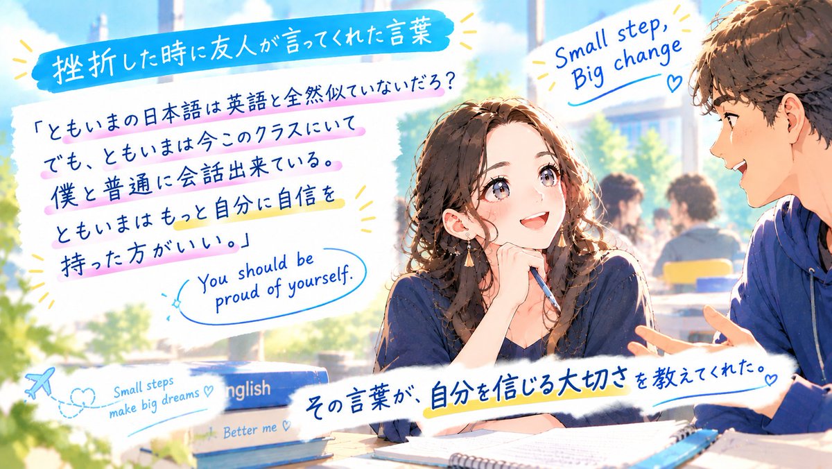 tomoima20221's tweet photo. 語学学校でクラスが上がった。
でも周りのレベルが高すぎて、1週間で挫折。
心が折れていた私に、スペイン人の友人が言った。「このクラスは僕にも難���い。でも僕��りともいまの方がすごいんだ！You should be proud of yourself」

あの日から少しずつ自分を信じられるようになった🍀 https://t.co/2Qht4lYXob