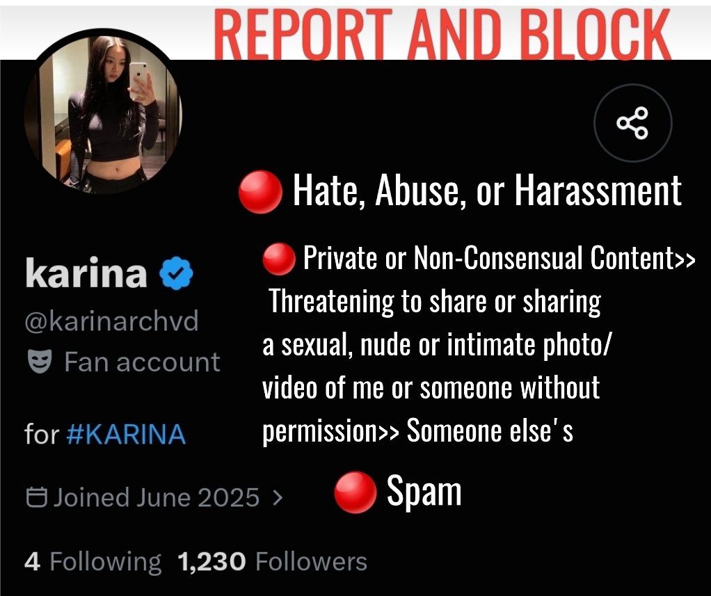 kprotecthouse's tweet photo. 📢   CALL OUT / WARNING: READ CAREFULLY.

Some of you may have noticed the alarming surge of questionable accounts cosplaying as Karina fans and promoting sexual harassment. These experienced offenders are, typically, using the same formula; a relatively normal activity until they start adding AI-generated content, slow motion clips, zoomed-in pictures from certain angles and more, to the mix. A formula specifically designed to attract a very damaging type of crowd without raising too much suspicions and still gaining huge engagement.

Accordingly, I will require everyone’s full cooperation to successfully reprimand, stop interacting and condoning or giving, in any way, these accounts a platform until they may feel ashamed enough to deactivate or leave the fandom. 

1. PLEASE REPORT AND BLOCK:

🔗 https://t.co/Hiqz8S4sIH
🔗 https://t.co/YawtCz5wuf (currently deactivated)

2. Unfollow and for the time being, be wary of these two as you avoid interacting:

🔗 https://t.co/LlCsZZZrsy
🔗 https://t.co/McEoA9VfEJ

Thank you for your comprehension.