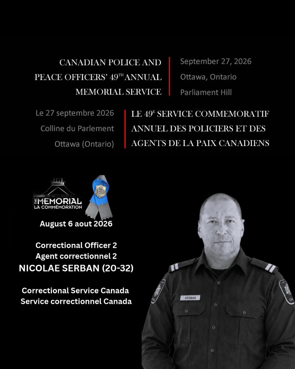 CPPOM's tweet photo. August 6 aout 2026
Correctional Officer 2/Agent correctionnel 2
NICOLAE SERBAN (20-32)
Correctional Service Canada 
Service correctionnel Canada

#HeroesInLife
#HerosEnVie https://t.co/52gsN2DCbA
