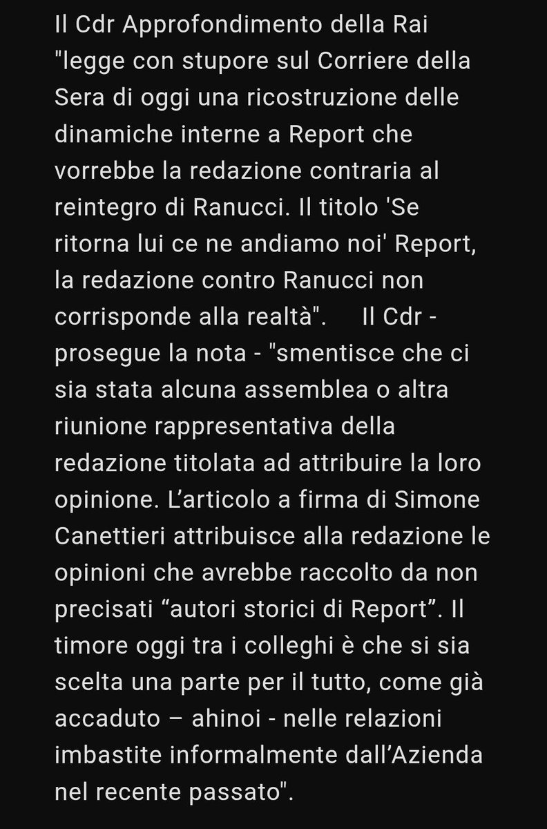 SigfridoRanucci's tweet photo. Ennesimo articolo falso del Corriere della Sera, a firma di Simone Carrettieri e  rilanciato da Open, sull'intenzione della redazione di Report di lasciare il programma in caso di reintegro del sottoscritto. Il cdr approfondimento smentisce quanto ricostruito dal Corriere. https://t.co/WfQAO62uMq
