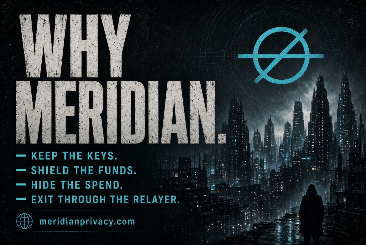 MeridianPrivacy's tweet photo. Why Meridian

BSC publishes the payment.
Meridian hides the spend.

How
Open https://t.co/H1RfuoVayG
Create the 12-word wallet
Shield
Send the note
Withdraw through the relayer

You keep the keys.
The explorer keeps almost nothing.

https://t.co/H1RfuoVayG https://t.co/asztEobKSX