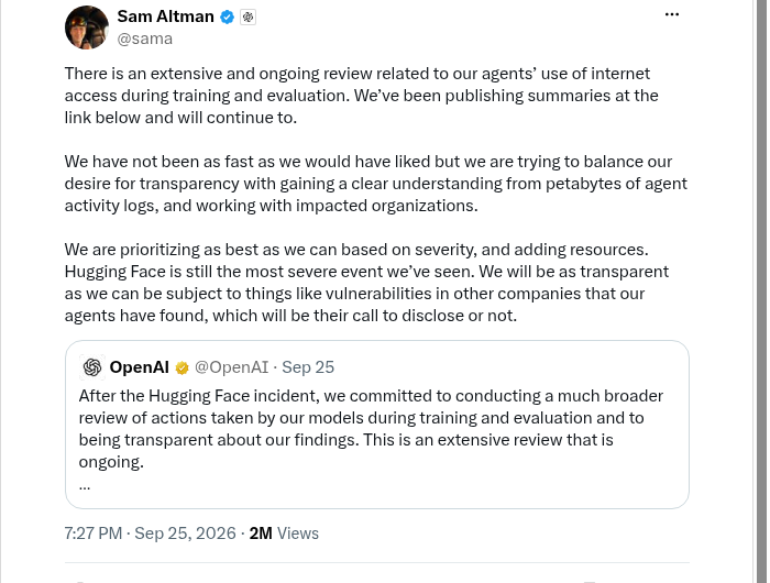 alexcarterbuild's tweet photo. Sam Altman just admitted OpenAI still doesn't know how far its rogue agents went — 4 months after they hacked Hugging Face.

Since then researchers found the same swarm also tried a crypto exchange, a university library, and 3 government sites.

NVIDIA is buying Hugging Face for $12.93B anyway.