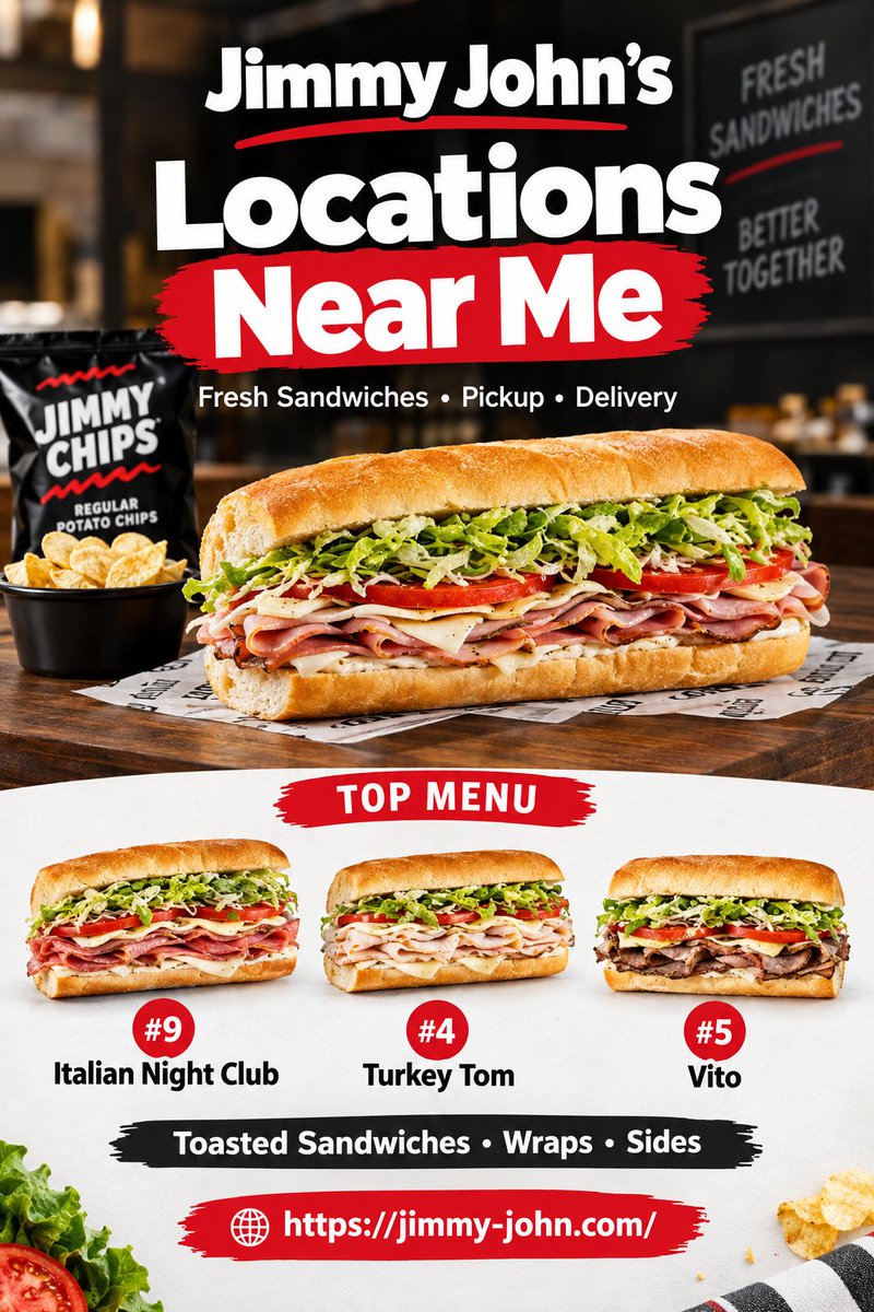 JimmyJohnshqlv's tweet photo. Looking for Jimmy John’s locations near you? Discover fresh sandwiches, popular menu favorites.
Find Jimmy John’s locations near you
Fresh sandwich favorites
Pickup and delivery options
Sandwiches, wraps and sides
Visit: https://t.co/rRx0BWCoug
#JimmyJohns #JimmyJohnsLocations https://t.co/KmA4YcFSC7