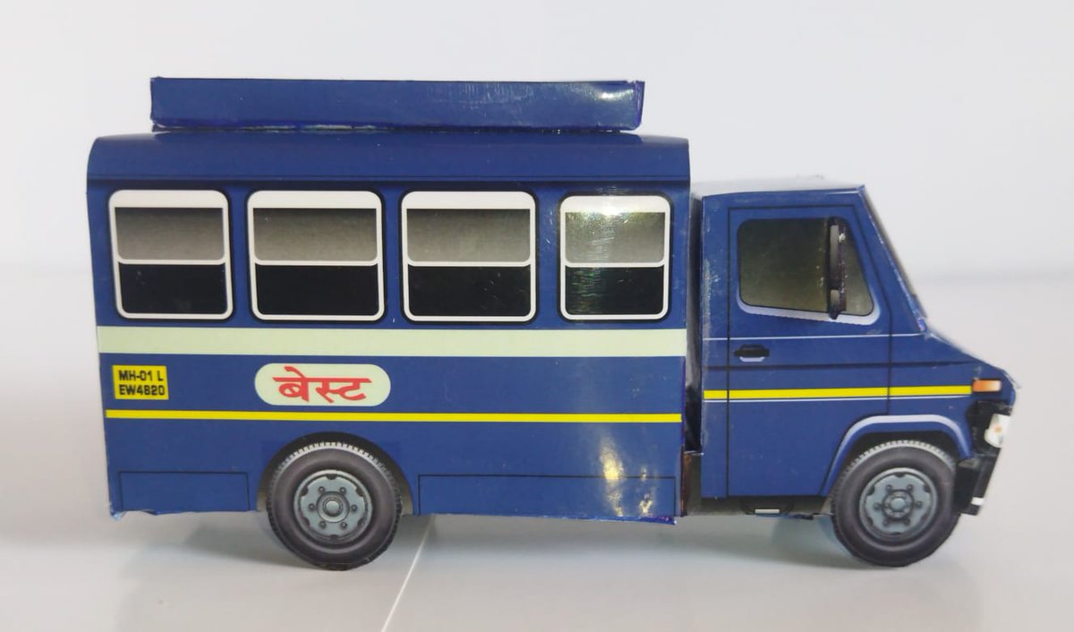 rajtoday's tweet photo. A lovely replica of Mumbai BEST Undertaking Electric Supply wagon by modeller Yatin Pimpale. Miniature paper model, Scale 1:35. (Tata 407G SFC CNG van of Electric Supply division of BEST. #Mumbai https://t.co/MtvRQ7MKnm