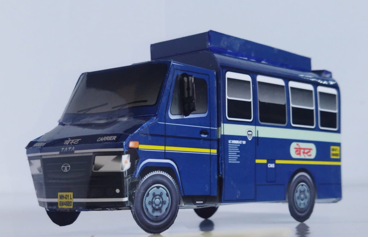 rajtoday's tweet photo. A lovely replica of Mumbai BEST Undertaking Electric Supply wagon by modeller Yatin Pimpale. Miniature paper model, Scale 1:35. (Tata 407G SFC CNG van of Electric Supply division of BEST. #Mumbai https://t.co/MtvRQ7MKnm