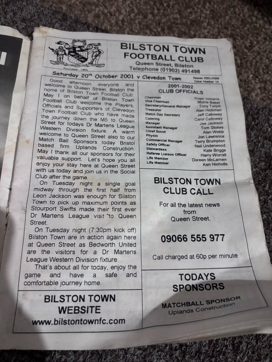 bilstonfans's tweet photo. Here’s an old @BilstonTownFC programme we found out in the garage… it’s a bit worse for wear but is from just before the club had to reform - and a couple of years after what I deem the ‘glory years’ ha. Anybody at the game vs Clevedon Town? https://t.co/WO4rkZVA0E