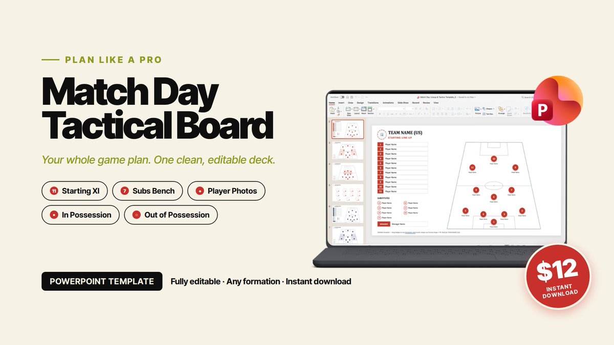 RickMasterCoach's tweet photo. Plan your match day like a pro. It’s an editable PowerPoint for your Starting XI, subs, player photos and your shape in and out of possession.

$12. Instant download.

Link in bio 👆

https://t.co/mvWbgGFwhI https://t.co/nw0x6UEuYp