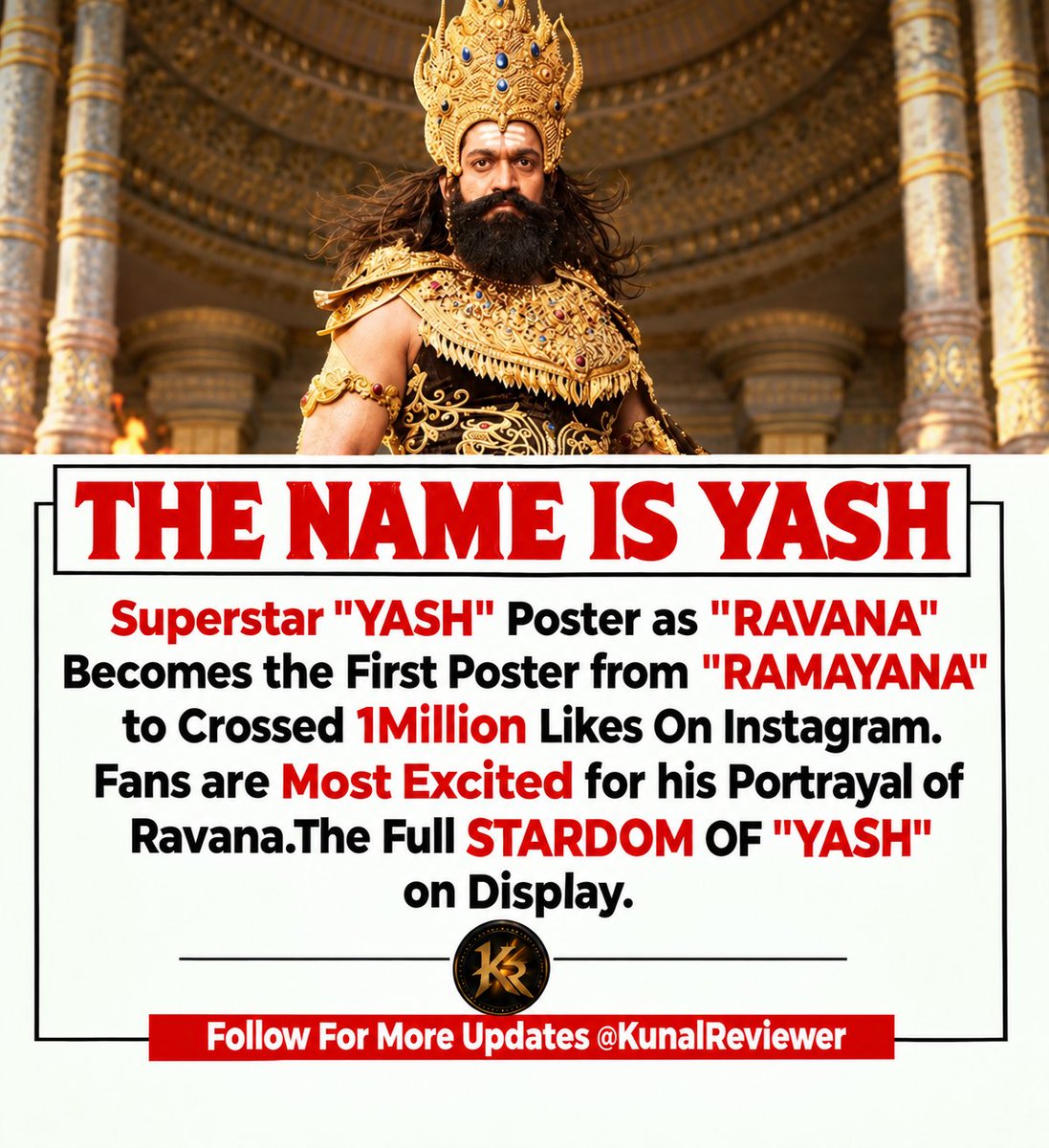 kunalreviewer's tweet photo. 🚨🚨THE SUPER STARDOM OF YASH🙏🙏💥💥💥💥

Superstar "YASH" Poster as "RAVANA" Becomes the First Poster from "RAMAYANA" to Crossed 1Million Likes On Instagram. Fans are Mostly Excited for his Portrayal of Ravana.The Full STARDOM OF "YASH" on Display🔥🔥🔥

#Yash #Ramayana #Ranbir #YashBOSS #Ravana