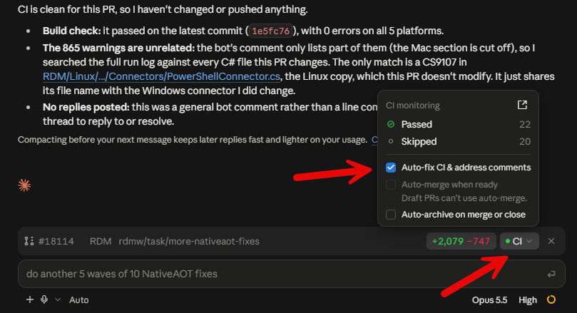 Claude Code screenshot showing compact CI status and auto-fix / auto-merge controls inside the prompt surface