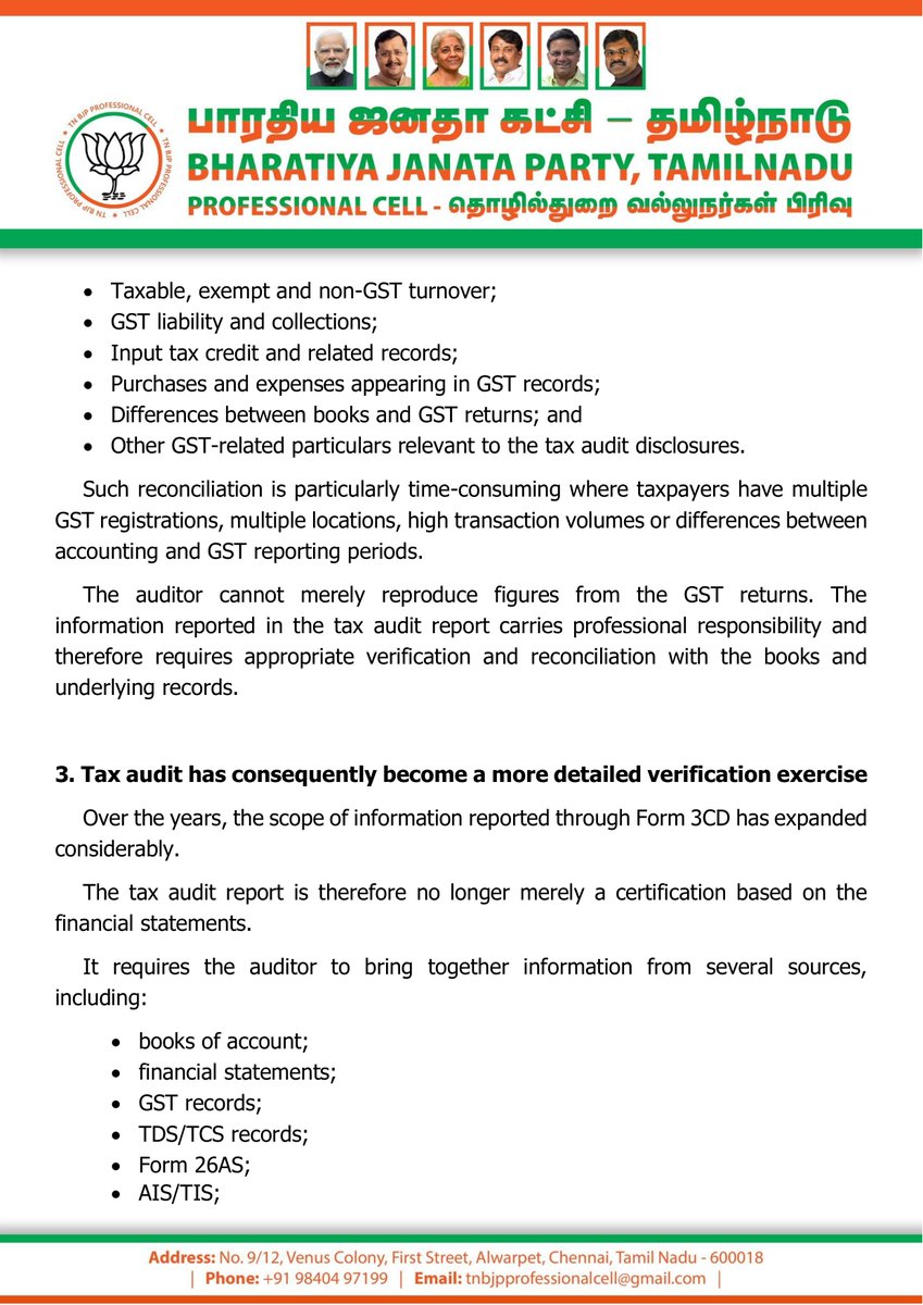 ssundarraman's tweet photo. On behalf of Tamil Nadu BJP Professional Cell, we have submitted a representation to Hon'ble FM Smt. @nsitharaman avl & Chairman, CBDT @incometaxIndia seeking a one-time extension of due date for furnishing Tax Audit Reports (Form 3CA/3CB + 3CD) for AY 2026-27 from 30th Sep 2026 to 31st Oct 2026.

> The request is due to enhanced MSME & GST-related disclosures requiring extensive reconciliation, to ensure quality & accurate compliance - not relaxation of compliance. (1/2)

> @FinMinIndia @IncomeTaxIndia @BJP4TamilNadu 

#TaxAudit  #ProfessionalCell