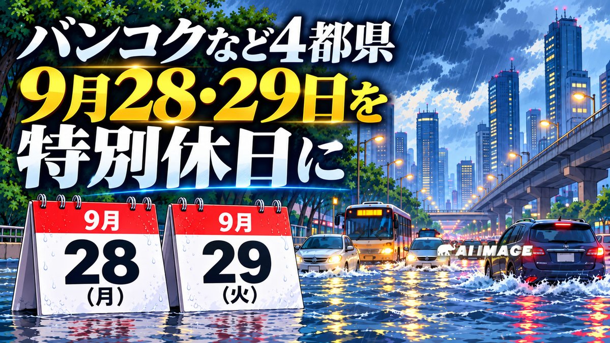 ThaiHyper's tweet photo. バンコクなど4都県、洪水で9月28・29日を特別休日に タイ閣議が決定

タイ政府は2026年9月27日に開いた臨時閣議で、大雨と洪水の影響を受けているバンコク、ノンタブリー県、パトゥムターニー県、サムットプラーカーン県について、9月28日（月）と29日（火）の2日間を特別な官公庁休日とすることを決定しました。対象は4都県に限定され、洪水による移動の負担を減らし、市民の安全確保や復旧対応を進めることが目的です。ラリダー・プルットウィワッタナー首相府副報道官が、政府庁舎の合同情報広報センターを代表して発表しました。