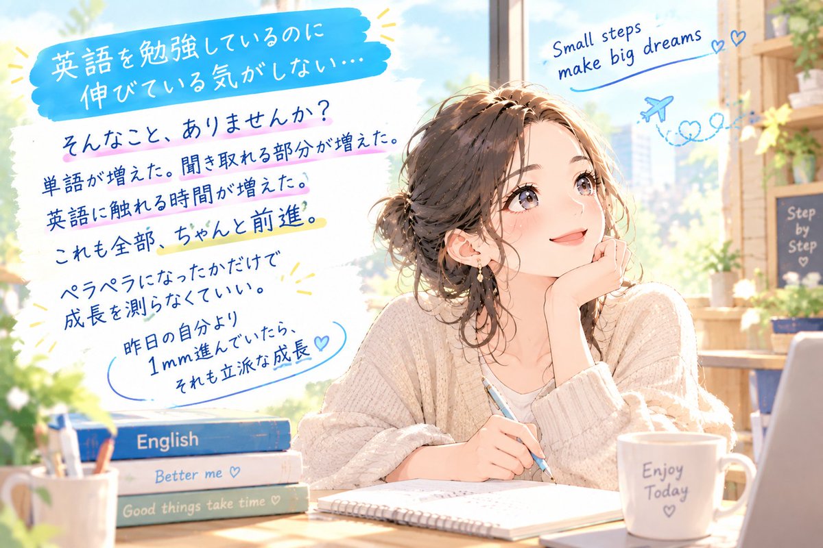 tomoima20221's tweet photo. 英語を勉強しているのに、
「全然話せるようになってない…」って落ち込むことありませんか？

でもね・・・
単語帳を開いた。英文が少し読めるようになった。毎日英語に触れることができた。
これも全部、ちゃんと前進✨

昨日の自分より1mm進んでいたら、それも立派な成長🍀 https://t.co/4QSMMlktzv