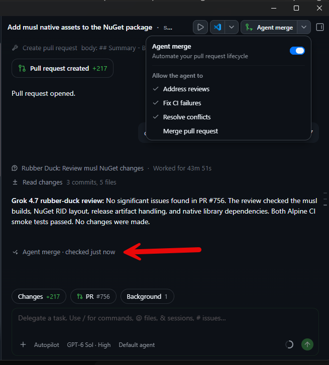 GitHub Copilot app screenshot showing the vaguer “Agent merge - checked just now” PR state
