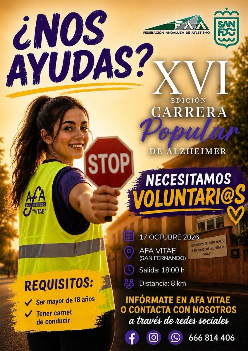 HdadPastora_Sf's tweet photo. #COLABORACIÓN | XVI CARRERA POPULAR DE ALZHEIMER

El próximo 17 de octubre, a las 18:00h, dará comienzo una nueva edición de la Carrera Popular de Alzheimer.

Se buscan voluntarios, mayores de 18 años y con el carnet de conducir.

Si quieres colaborar contacta al 606604790. https://t.co/v1BUpLWVYr
