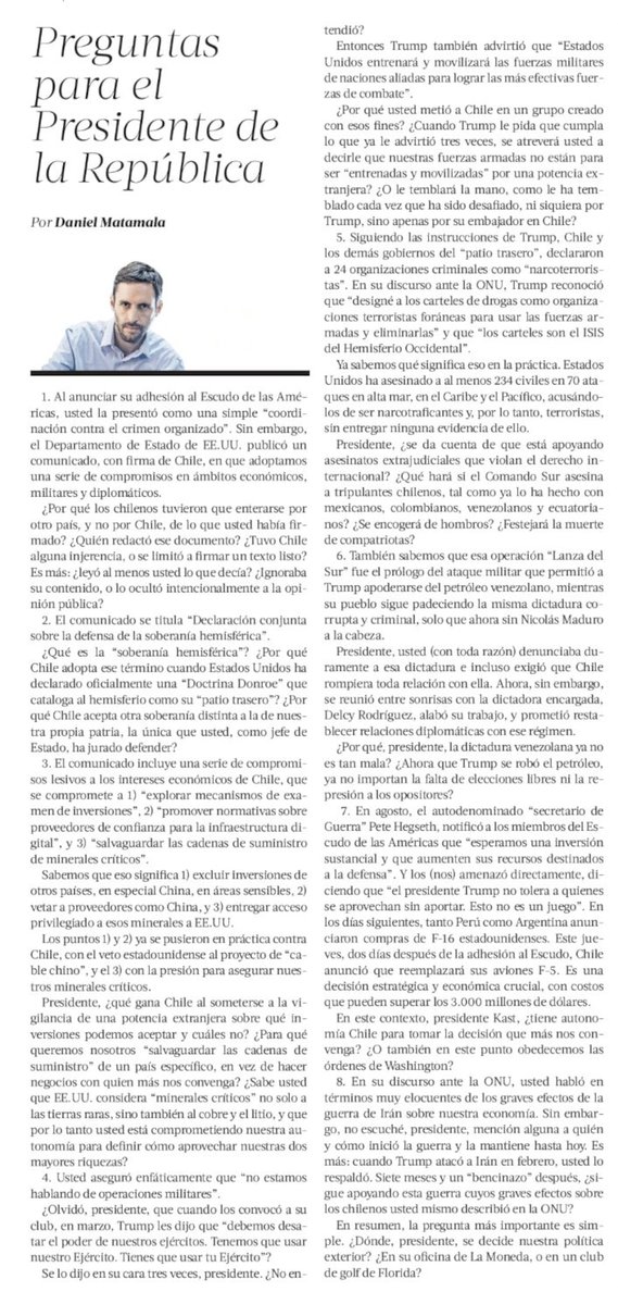 MattyLL's tweet photo. Columna de Daniel Matamala 
Preguntas para el Presidente de la República https://t.co/TGEuSs12pU