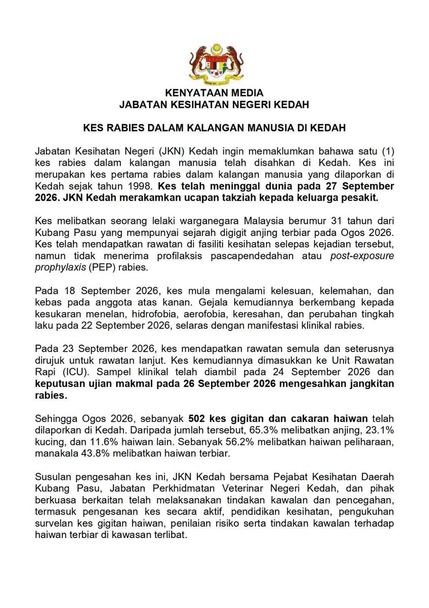 redzuanNewsMPB's tweet photo. Seorang lelaki berusia 31 dari Kubang Pasu meninggal dunia selepas disahkan dijangkiti rabies

Mangsa mempunyai sejarah digigit anjing terbiar Ogos lalu.

Ia kes pertama di Kedah sejak 1998 https://t.co/jJSWfOyOmn