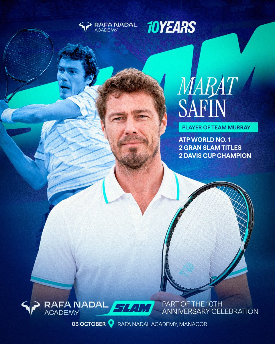 rnadalacademy's tweet photo. A former World No. 1️⃣ joins Team Murray!

🚨 Marat Safin will be part of the Rafa Nadal Academy Slam! 

A two-time Grand Slam 🏆 and one of the most iconic players of his generation, Safin is ready to be back on court in Mallorca. 🔥🎾

🗓️ 3 October

👉🏻 https://t.co/ZpnHBGPHxo https://t.co/3IREgtKacG