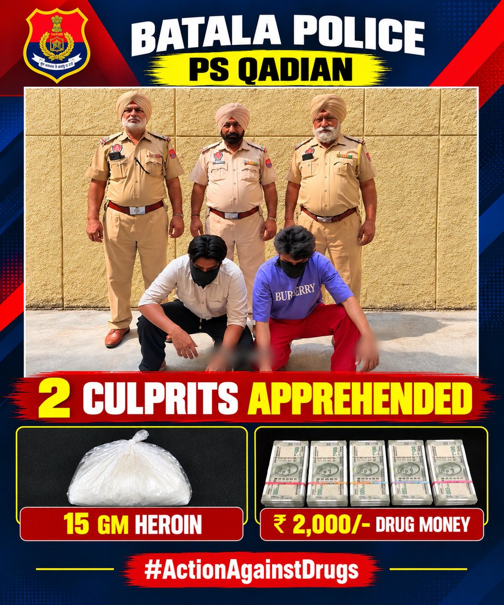 BatalaPolice's tweet photo. Batala Police (PS Qadian) apprehended 2 culprits and recovered 15 gm heroin with ₹ 2000/- Drug Money from their possession.
#ActionAgainstDrugs https://t.co/PMmDXoW7nU