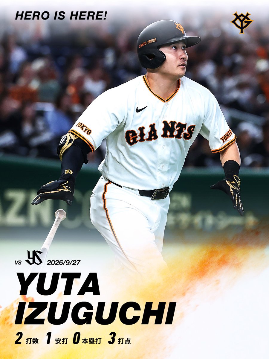 TokyoGiants's tweet photo. 【一軍】巨人 11-0 ヤクルト

本日のヒーロー✨

先制3点適時二塁打を放った #泉口友汰 選手👏

HERO IS HERE! https://t.co/WWsxH6YAma