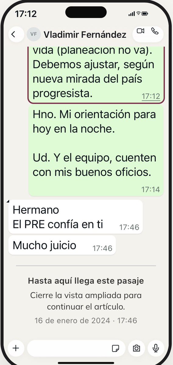 SebastianNohra's tweet photo. Una semana después de haber recibido presuntamente plata de Sneyder Pinilla, el ya magistrado Vladimir Fernández le escribe a Olmedo: “hermano. El PRE confía en ti. Mucho juicio”. (16/01/2024).

Este y varios episodios más de sus chats hoy en @estoescambio https://t.co/ZtL4HhOu3p