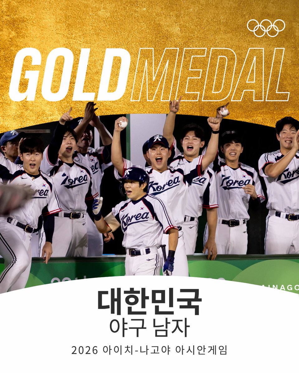 Olympic's tweet photo. 야구🥇

2026 아시안게임 야구 결승에서 대한민국이 일본을 꺾고 금메달을 차지했습니다. 2010 광저우 아시안게임부터 5연패를 달성한 대한민국 야구 대표팀, 축하합니다! 

📸 AINAGOC 

#RoadToLA28 #야구 #AichiNagoya2026 https://t.co/iXVC85WH1m