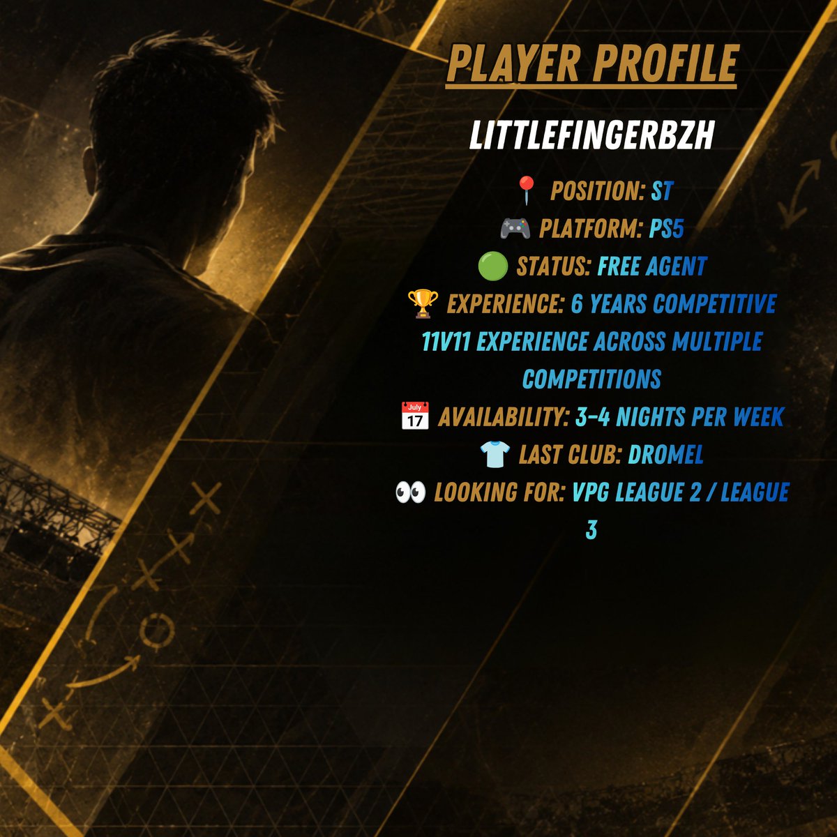 VPGAgency's tweet photo. 🚨 FREE AGENT PROFILE

⚽ LittlefingerBzH
📍 ST
🎮 PS5
🏆 6 Years Competitive 11v11 Experience
🟢 FREE AGENT
🔎 Looking for VPG L2 / L3

Interested? Managers can contact VPG Agency to make the introduction. 🤝

💬 Join the Discord: https://t.co/H8KYzkLkpp https://t.co/rj3VvzdO4B