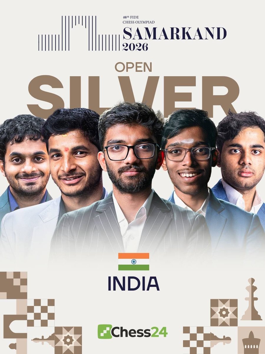 chesscom_in's tweet photo. BREAKING: 🥈 Silver for India in the Open Section at the 46th FIDE Chess Olympiad! 🇮🇳

A superb team effort from Arjun Erigaisi, R Praggnanandhaa, Gukesh D, Nihal Sarin and Vidit Gujrathi, led by captain Srinath Narayanan👏

Proud of Team India! 🇮🇳 https://t.co/gddgXlLYy4
