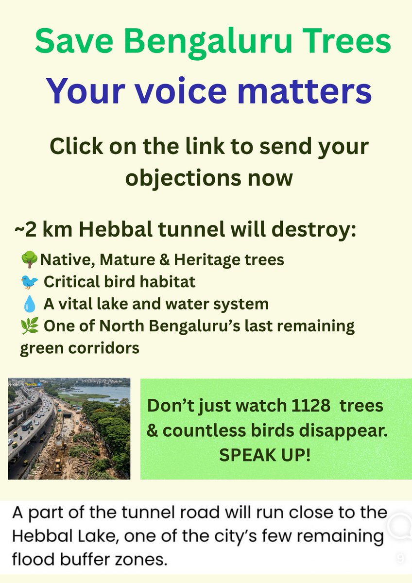 suratkal's tweet photo. 🚨 **SAVE BENGALURU’S TREES. SAVE OUR LAST GREEN CORRIDOR!** 🌿
📩 👉 **Click the link below , sign your name and send the objection:**
 *https://t.co/C6wxnRn3JR* 

*SEND. SHARE.AMPLIFY.**

#SaveBengaluruTrees
#Hebbal #Tunnel https://t.co/q7aufkVTos
