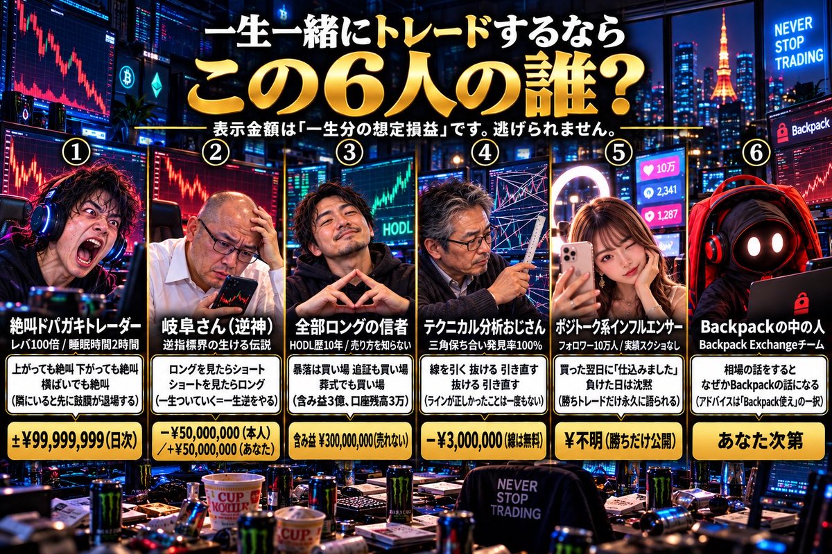 Backpack_Future's tweet photo. 一生一緒にトレードするなら、この6人の誰？🎒
リプで回答してください。

中の人のおすすめは6番です。
というか、もう皆さんは中の人のこと好きになってきてると思うので6番以外あり得ませんよね。
他選んだらメンヘラします。

ちなみに中の人は1番と3番の間で毎日揺れてます。
絶叫しながらHODLしてます。

※強トレーダーはトレード教えてください。