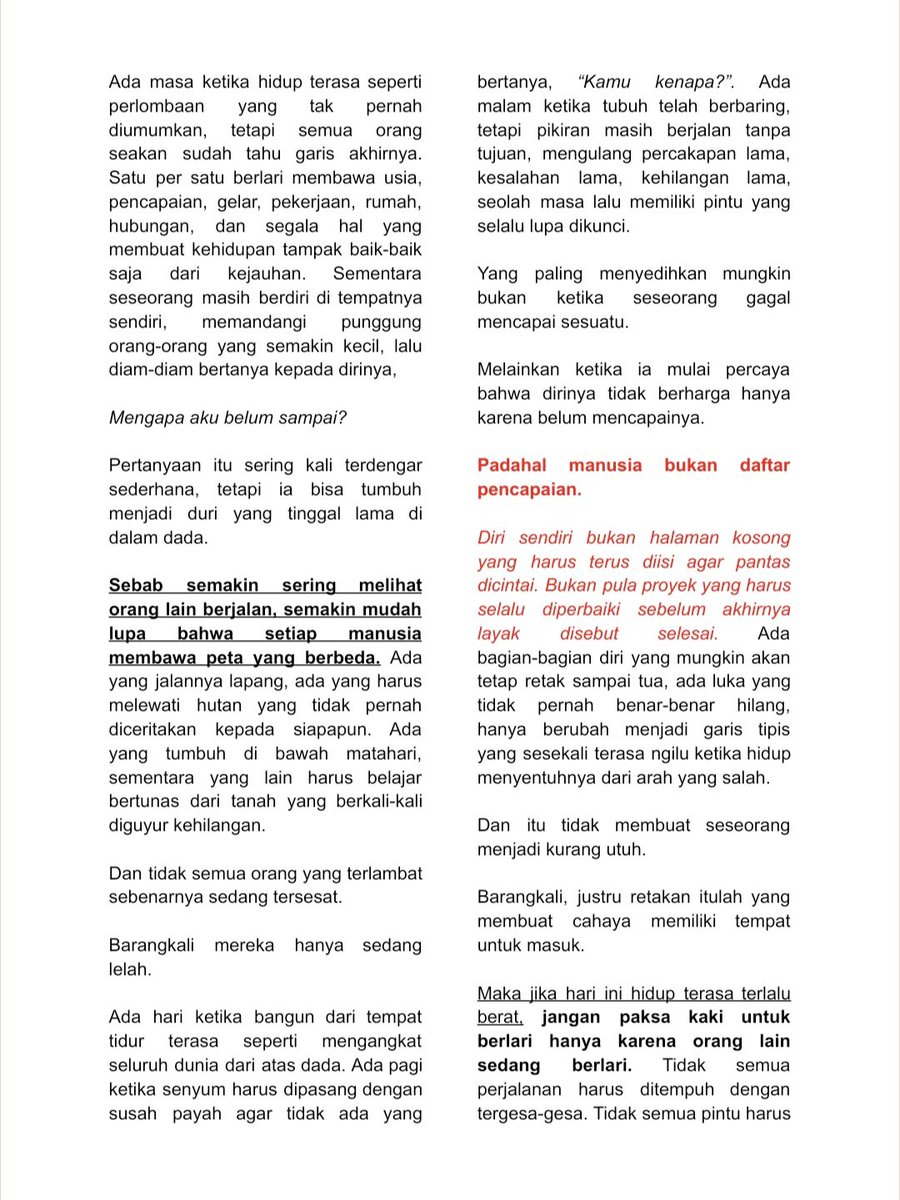 Writeaprose's tweet photo. Pada akhirnya, hidup bukan tentang mendahului siapa-siapa. https://t.co/9ncMdL8GHG
