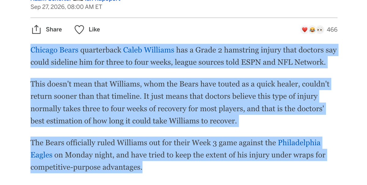 smokingjaysdata's tweet photo. @HGrahamNFL Dude read the actually article.  He doesn't actually have a source. "League Sources" and "Doctors" he immediately hedges by saying it could be a quicker because Caleb is a "Quick Healer." 

You can't actually release this stuff because it violates HIIPPA btw. https://t.co/euZmD0hQju