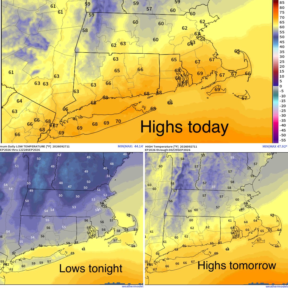 Eweather13's tweet photo. Here’s the detailed forecast for the week ahead: 

Today: ☁️🌧️💨 Cloudy with periods of rain. At times there may be lulls and at times the rain may be heavy.  Continued windy but much better. Highs in the 60s except upper 50s western hills. 

Tonight: Periods of rain continue. Breezy inland, continued windy at the shoreline. Lows in the 50s. 

Monday: 🌧️☁️💨 Periods of rain continue. Late in the day SW areas finally begin drying out as the rain finally begins to lift off to the NE. Very breezy, especially at the shore, but manageable. Highs in the low to mid 60s. The hill towns stay in the mid to upper 50s. Possible dramatic sunset for western areas. 

Monday night the last of the rain finally exits eastern areas. 

Tuesday: ⛅️🌤️🌥️  A mix of clouds and sun. Milder and lighter winds. Highs in the mid to upper 60s. 

Wednesday: 🌤️⛅️ Mostly sunny early trending toward a mix of clouds and sun during the afternoon. Milder. Highs in the low to mid 70s except cooler across SE coastal areas. 

Thursday: ⛅️🌤️🌬️Partly sunny during the morning trending toward mostly sunny. Highs in the 70s. Cooler once again across SE coastal areas. Breezy SW winds.

Friday: ⛅️ Partly sunny. Highs in the low to mid 70s except around 70° for SE coastal areas. 

🏆 Saturday: 🌤️ Mostly sunny. Cooler. Highs in the mid 60s to around 70°. The pick of the week. 

Sunday: ⛅️🌥️☁️ Increasing clouds. Rain should hold off until Sunday night. Highs in the mid to upper 60s.