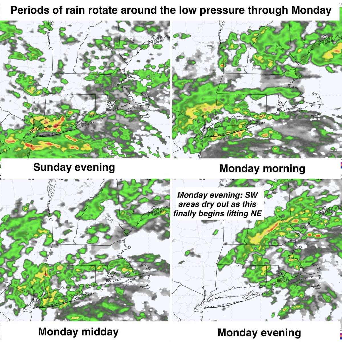 Eweather13's tweet photo. Here’s the detailed forecast for the week ahead: 

Today: ☁️🌧️💨 Cloudy with periods of rain. At times there may be lulls and at times the rain may be heavy.  Continued windy but much better. Highs in the 60s except upper 50s western hills. 

Tonight: Periods of rain continue. Breezy inland, continued windy at the shoreline. Lows in the 50s. 

Monday: 🌧️☁️💨 Periods of rain continue. Late in the day SW areas finally begin drying out as the rain finally begins to lift off to the NE. Very breezy, especially at the shore, but manageable. Highs in the low to mid 60s. The hill towns stay in the mid to upper 50s. Possible dramatic sunset for western areas. 

Monday night the last of the rain finally exits eastern areas. 

Tuesday: ⛅️🌤️🌥️  A mix of clouds and sun. Milder and lighter winds. Highs in the mid to upper 60s. 

Wednesday: 🌤️⛅️ Mostly sunny early trending toward a mix of clouds and sun during the afternoon. Milder. Highs in the low to mid 70s except cooler across SE coastal areas. 

Thursday: ⛅️🌤️🌬️Partly sunny during the morning trending toward mostly sunny. Highs in the 70s. Cooler once again across SE coastal areas. Breezy SW winds.

Friday: ⛅️ Partly sunny. Highs in the low to mid 70s except around 70° for SE coastal areas. 

🏆 Saturday: 🌤️ Mostly sunny. Cooler. Highs in the mid 60s to around 70°. The pick of the week. 

Sunday: ⛅️🌥️☁️ Increasing clouds. Rain should hold off until Sunday night. Highs in the mid to upper 60s.