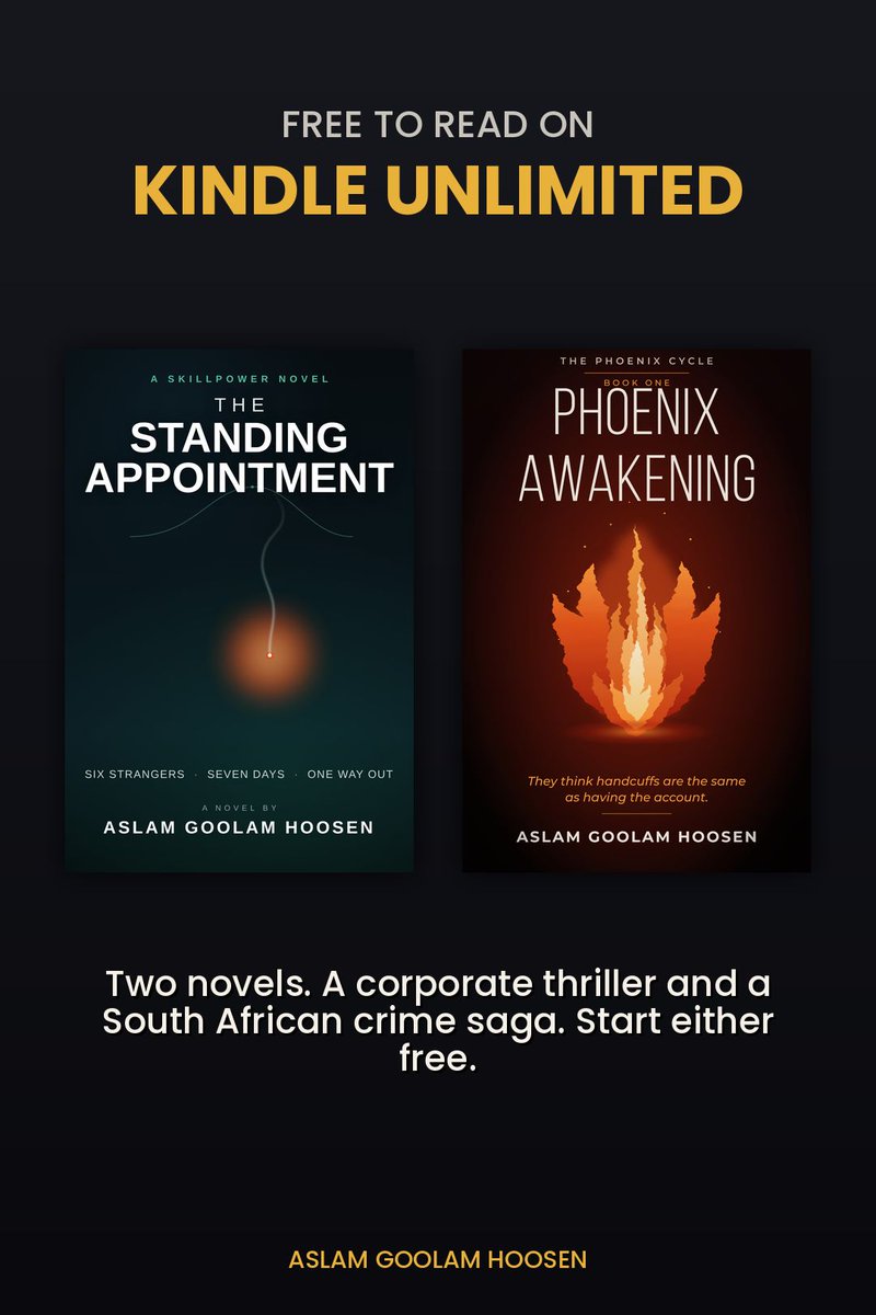 Aslamhoosen's tweet photo. Both my published novels are free to read on Kindle Unlimited right now:

📕 The Standing Appointment — corporate thriller
📗 Phoenix Awakening — SA crime saga

Start either one free:
https://t.co/Lv64dm26d2

#KindleUnlimited #BookTwitter https://t.co/P6c5Cc6eHG