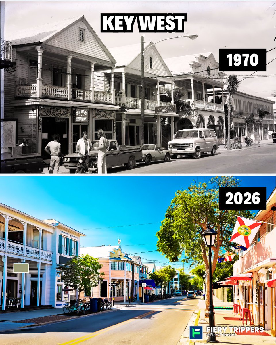 fierytrippers's tweet photo. Key West: 1970 vs. 2026. 🌴

The architecture is still recognizable, but tourism, prices and island life have changed enormously.

If someone gave you a FREE week in either era, which are you choosing?
❤️ 1970
🌊 2026

And why?

#KeyWest #FloridaKeys #OldFlorida https://t.co/NF9Hq2isus