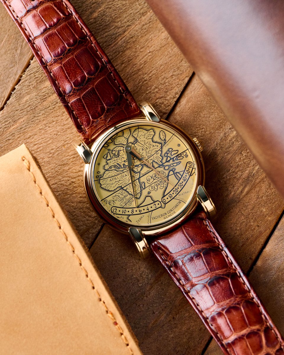 EuropeanWatchCo's tweet photo. The hands on this watch aren't just hands, they're the arms of a map divider, opening and closing.

Vacheron Constantin didn't come up with this model on their own. It was conceived and designed by the Belgian independent watchmakers and master enamelers Jean and Lucie Genbrugge.

The hands pivot from a single point near twelve rather than from the centre of the dial, and they sweep two separate arcs across the bottom half. Hours on the left, one to twelve. Minutes on the right, zero to sixty. Both are retrograde. The hour jumps, the minute drags its way along the arc and then snaps back to zero at the top of the hour, which is the moment the two legs close on each other like a compass lifting off a chart.

Underneath them is a solid 22 carat gold plate, with the continents engraved into it and filled with black enamel. Not printed. Cut. The source is a map Gerardus Mercator drew in 1587, and the engraving keeps his Latin, so you can read EVROPA, AFRICA, ASIA and TERRA AVSTRALIS on the dial, along with Aequator and Tropicus Cancri running across it.

The man behind all of it was Jean Genbrugge, who was a watchmaker and an enameller. He developed the bi-retrograde module in the early 1990s and took it to Vacheron, who reworked it for production. He and his wife Lucie then made the dials themselves at their atelier in Broechem, Belgium. Roughly twelve days of work went into each one.

The date is not an accident either. Mercator died in December 1594, and the watch arrived in 1994 for the four hundredth anniversary. Turn it over and that is engraved on the rotor, "1594 Gerard Mercator 1994", visible through the sapphire caseback. The case is a revival too with a stepped bezel and overhanging fluted lugs taken from Vacheron's Geographique of the late 1940s. Thirty six millimetres, 8.4mm thick, on the calibre 1120 with the retrograde module on top. Vacheron planned to build fifty. They stopped at 638, ten years later.

Available now.