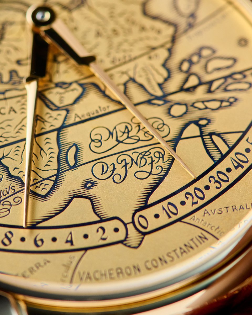 EuropeanWatchCo's tweet photo. The hands on this watch aren't just hands, they're the arms of a map divider, opening and closing.

Vacheron Constantin didn't come up with this model on their own. It was conceived and designed by the Belgian independent watchmakers and master enamelers Jean and Lucie Genbrugge.

The hands pivot from a single point near twelve rather than from the centre of the dial, and they sweep two separate arcs across the bottom half. Hours on the left, one to twelve. Minutes on the right, zero to sixty. Both are retrograde. The hour jumps, the minute drags its way along the arc and then snaps back to zero at the top of the hour, which is the moment the two legs close on each other like a compass lifting off a chart.

Underneath them is a solid 22 carat gold plate, with the continents engraved into it and filled with black enamel. Not printed. Cut. The source is a map Gerardus Mercator drew in 1587, and the engraving keeps his Latin, so you can read EVROPA, AFRICA, ASIA and TERRA AVSTRALIS on the dial, along with Aequator and Tropicus Cancri running across it.

The man behind all of it was Jean Genbrugge, who was a watchmaker and an enameller. He developed the bi-retrograde module in the early 1990s and took it to Vacheron, who reworked it for production. He and his wife Lucie then made the dials themselves at their atelier in Broechem, Belgium. Roughly twelve days of work went into each one.

The date is not an accident either. Mercator died in December 1594, and the watch arrived in 1994 for the four hundredth anniversary. Turn it over and that is engraved on the rotor, "1594 Gerard Mercator 1994", visible through the sapphire caseback. The case is a revival too with a stepped bezel and overhanging fluted lugs taken from Vacheron's Geographique of the late 1940s. Thirty six millimetres, 8.4mm thick, on the calibre 1120 with the retrograde module on top. Vacheron planned to build fifty. They stopped at 638, ten years later.

Available now.