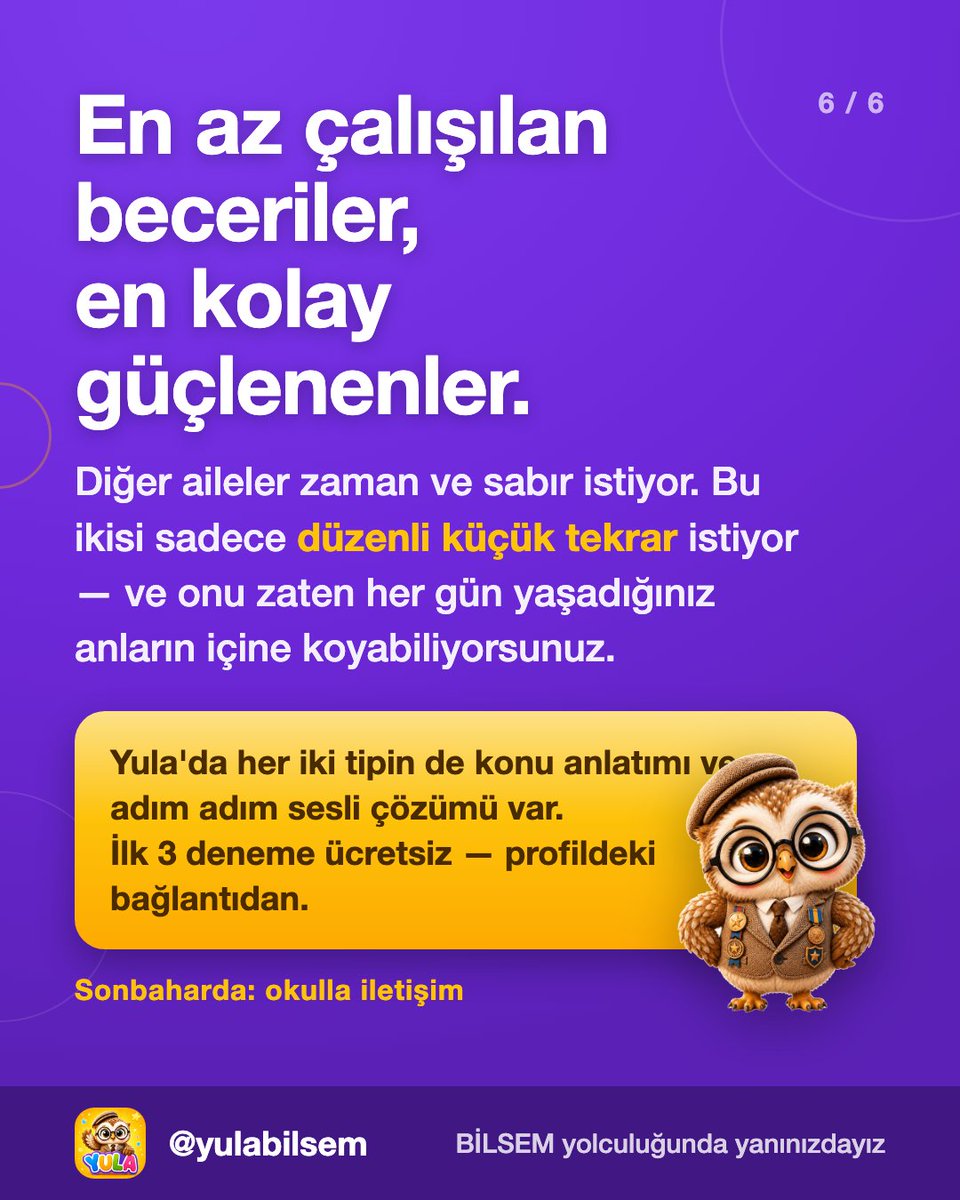 yulabilsem's tweet photo. • Hafızada tek soru değil; ne renkti, üstünde ne vardı, kaç taneydi diye sorun.
• Yönü çocuk tarif etsin: "Buradan nasıl gideceğiz?"
• Günde 5 dk yeter. Oyun ödeve dönerse etkisi kaybolur!
Yula'da sesli çözümler var, ilk 3 deneme ücretsiz!🔗
#bilsem #çocukgelişimi #evdeoyun https://t.co/SOzGkIYO28