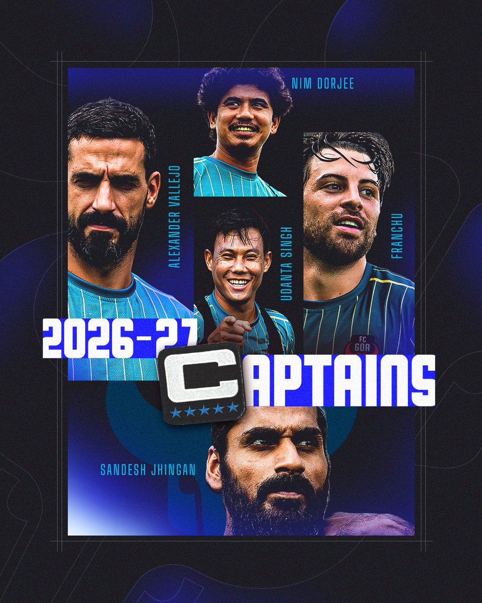 FCGoaOfficial's tweet photo. Presenting our Captains for the 2026-27 @indiansuperleague season! 🦬

Sandesh Jhingan, Udanta Singh, Nim Dorjee, Álex Vallejo and Franchu. 🧡 https://t.co/HMGFkoNpLX