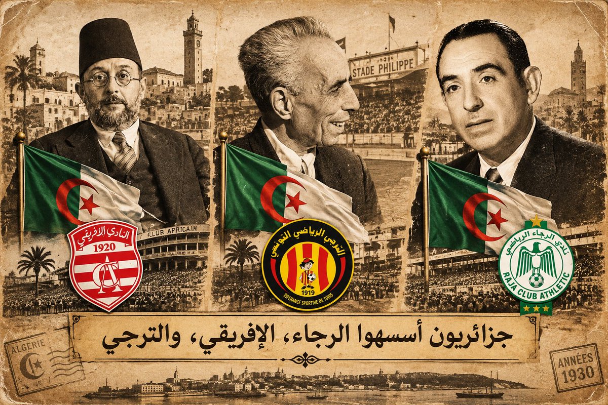 IZenaf's tweet photo. يكشف تاريخ كرة القدم في شمال إفريقيا عن حضور شخصيات ذات أصول #جزائرية في نشأة ثلاثة أندية كبرى: #الترجي الرياضي التونسي، والنادي #الإفريقي، و #الرجاء البيضاوي.
ففي تونس، كان محمد الزواوي، المنحدر من عائلة أصلها من الزواوة القبائل بالجزائر، من مؤسسي الترجي الرياضي التونسي إلى جانب https://t.co/21304VxkEJ