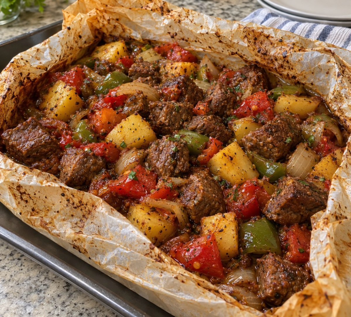 sofiahernahwbj's tweet photo. Love Egyptian-style baked meat? Try this version: tender beef and vegetables packed with rich flavor. Mix all ingredients, seal in foil, and bake at 200°C for about 1½ hours. Uncover for the last 10 minutes to brown. Serve with rice or baladi bread. https://t.co/SIYhuwgt7c