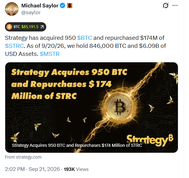 CurrTyler010's tweet photo. Strategy adds another 950 $BTC to its massive #Bitcoin treasury. https://t.co/AmyNTqe92l