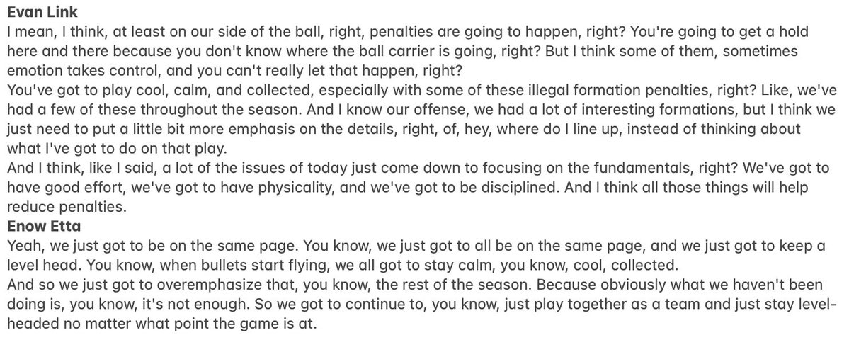 _ZachShaw's tweet photo. Asked Michigan OT Evan Link and DT Enow Etta about the Wolverines' frequent, consequential penalties, including eight in a 20-19 loss to Iowa: https://t.co/ExZk2FnNcc